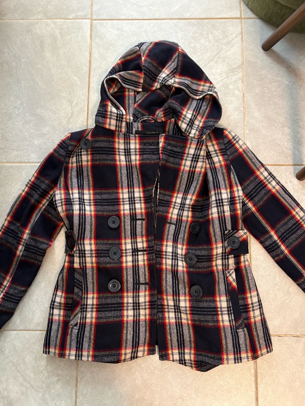 Calvin Klein Vintage Wool Plaid Hooded Peacoat Jacket - Navy, Cream & Red Size 4